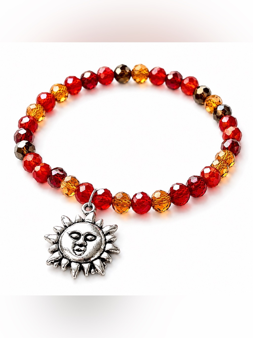 Handmade Sun Charm Red and Gold Beaded Bracelet